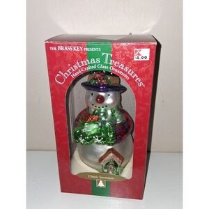 Brass Key Christmas Treasures Classic Snowman Feeding the Birds Glass Ornament N
